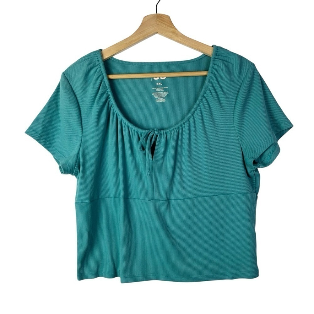 SO Teal Blue Cropped Front Tie Peasant Short Sleeve Cropped Topโ XXL